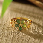Fortune Jewel Natural Hetian Jade 925 Sterling Silver Plated Gold Flower Adjustable Prosperity Ring