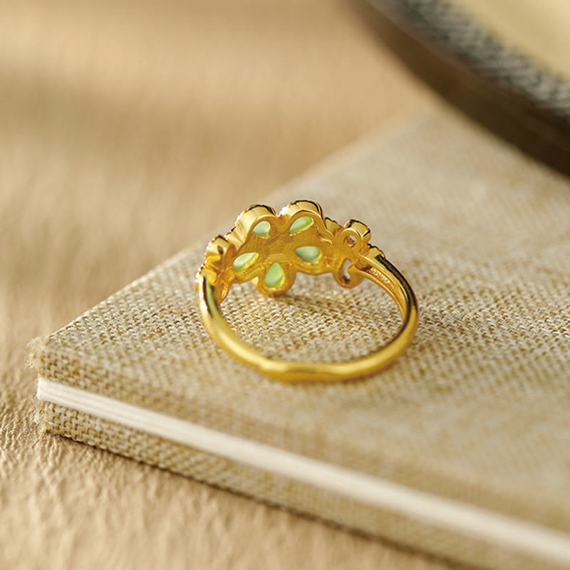 Fortune Jewel Natural Hetian Jade 925 Sterling Silver Plated Gold Flower Adjustable Prosperity Ring