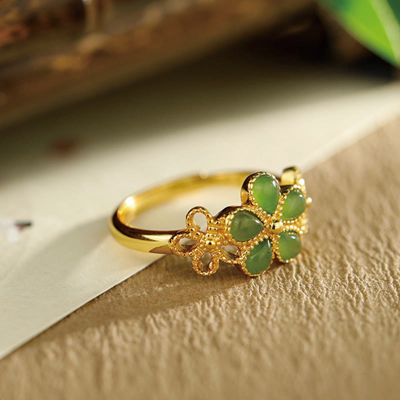 Fortune Jewel Natural Hetian Jade 925 Sterling Silver Plated Gold Flower Adjustable Prosperity Ring