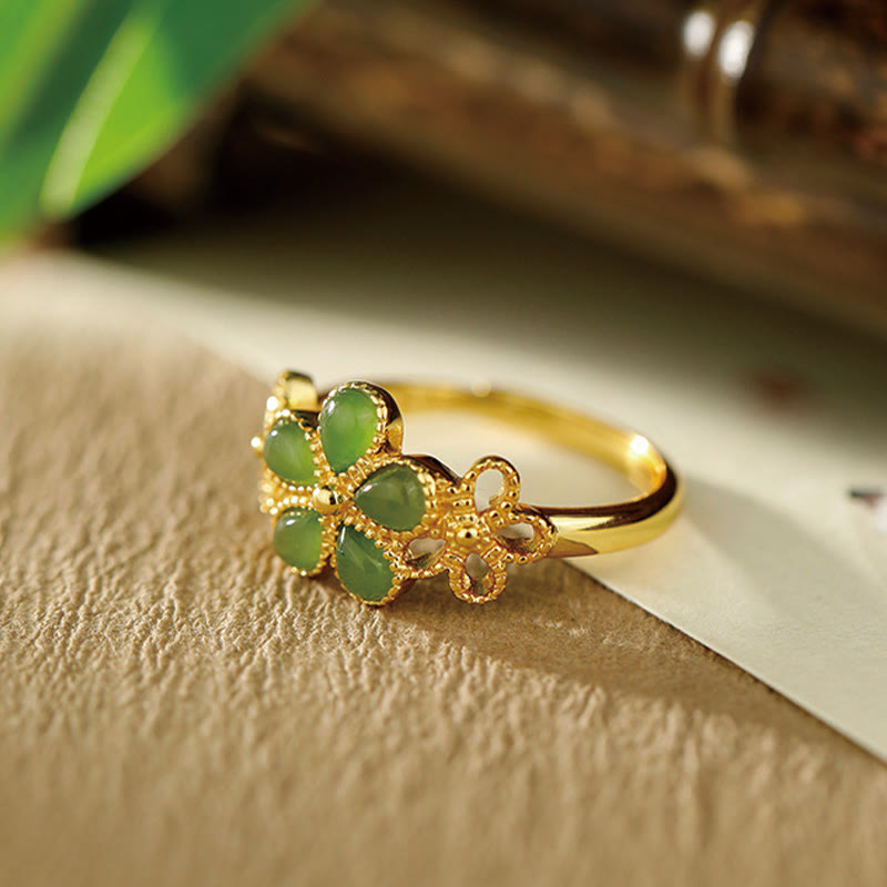 Fortune Jewel Natural Hetian Jade 925 Sterling Silver Plated Gold Flower Adjustable Prosperity Ring