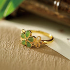 Fortune Jewel Natural Hetian Jade 925 Sterling Silver Plated Gold Flower Adjustable Prosperity Ring