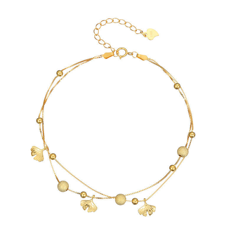 Fortune Jewel 925 Sterling Silver Ginkgo Leaf Double Layer Protection Anklet
