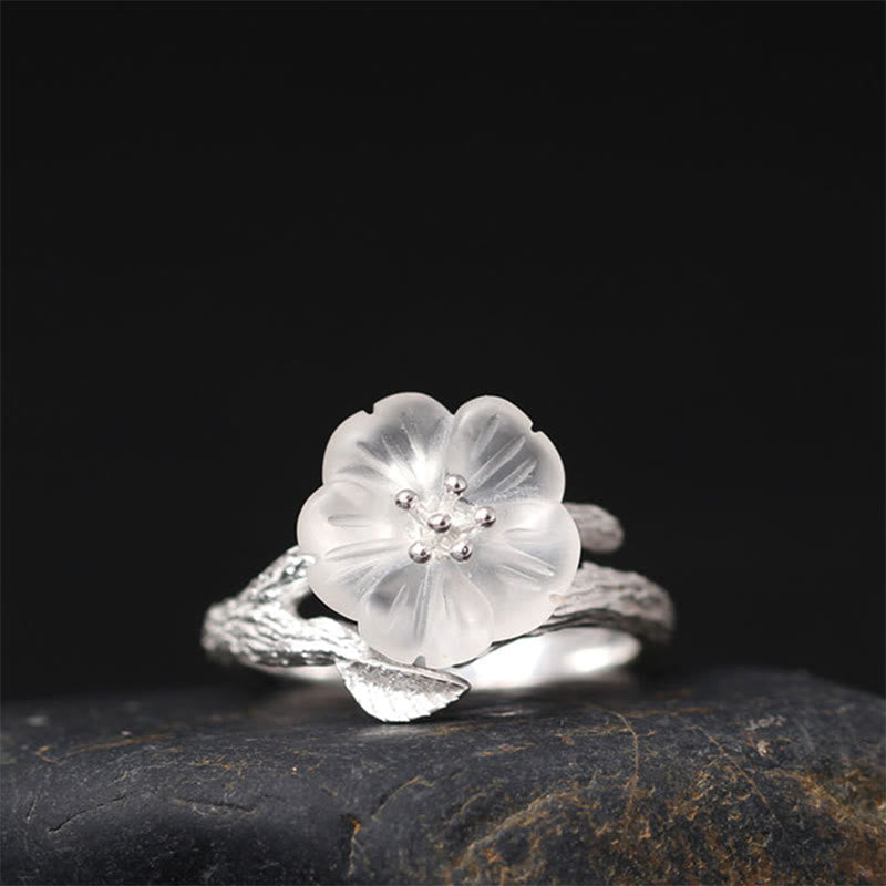 Fortune Jewel 925 Sterling Silver White Crystal Skeleton Flower Adjustable Healing Ring