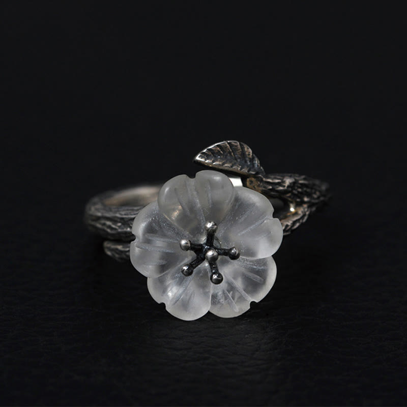 Fortune Jewel 925 Sterling Silver White Crystal Skeleton Flower Adjustable Healing Ring
