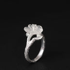 Fortune Jewel 925 Sterling Silver White Crystal Skeleton Flower Adjustable Healing Ring