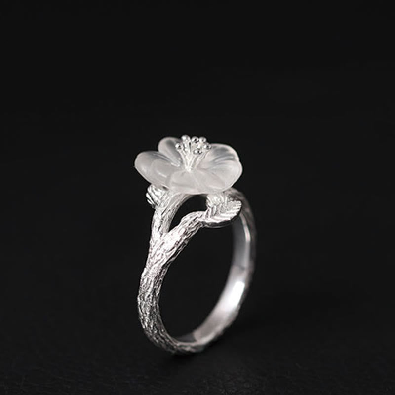 Fortune Jewel 925 Sterling Silver White Crystal Skeleton Flower Adjustable Healing Ring