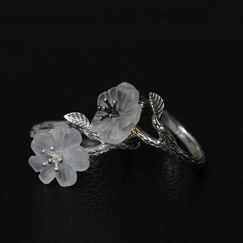 Fortune Jewel 925 Sterling Silver White Crystal Skeleton Flower Adjustable Healing Ring