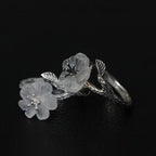 Fortune Jewel 925 Sterling Silver White Crystal Skeleton Flower Adjustable Healing Ring