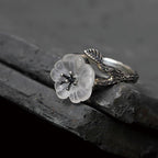 Fortune Jewel 925 Sterling Silver White Crystal Skeleton Flower Adjustable Healing Ring