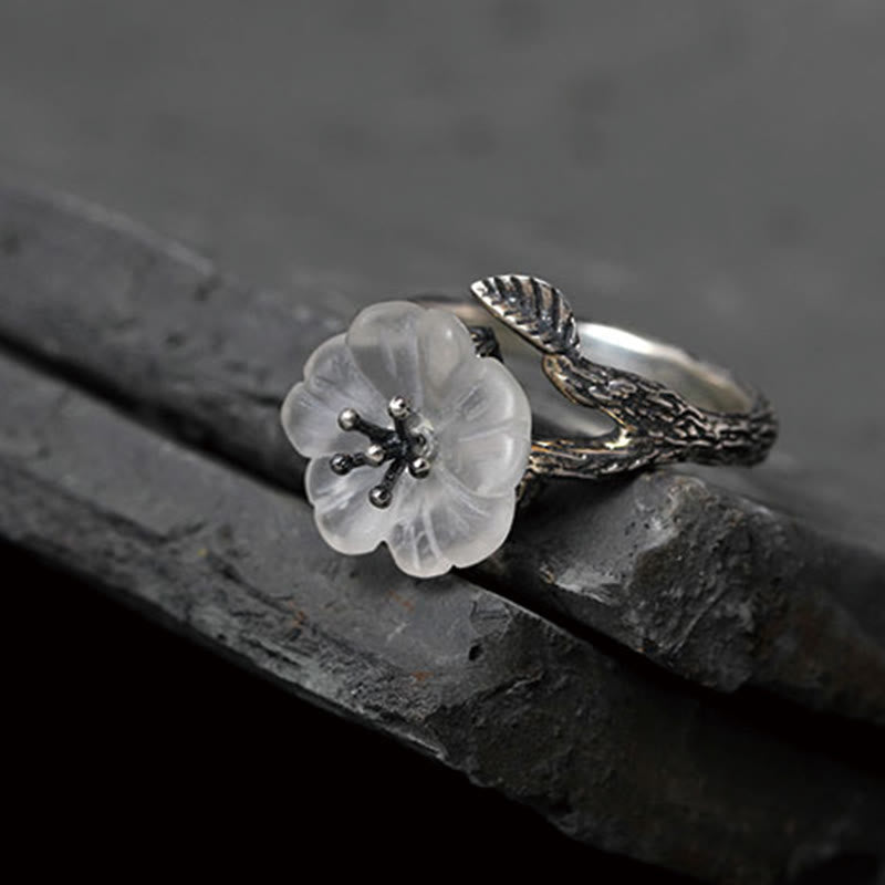 Fortune Jewel 925 Sterling Silver White Crystal Skeleton Flower Adjustable Healing Ring