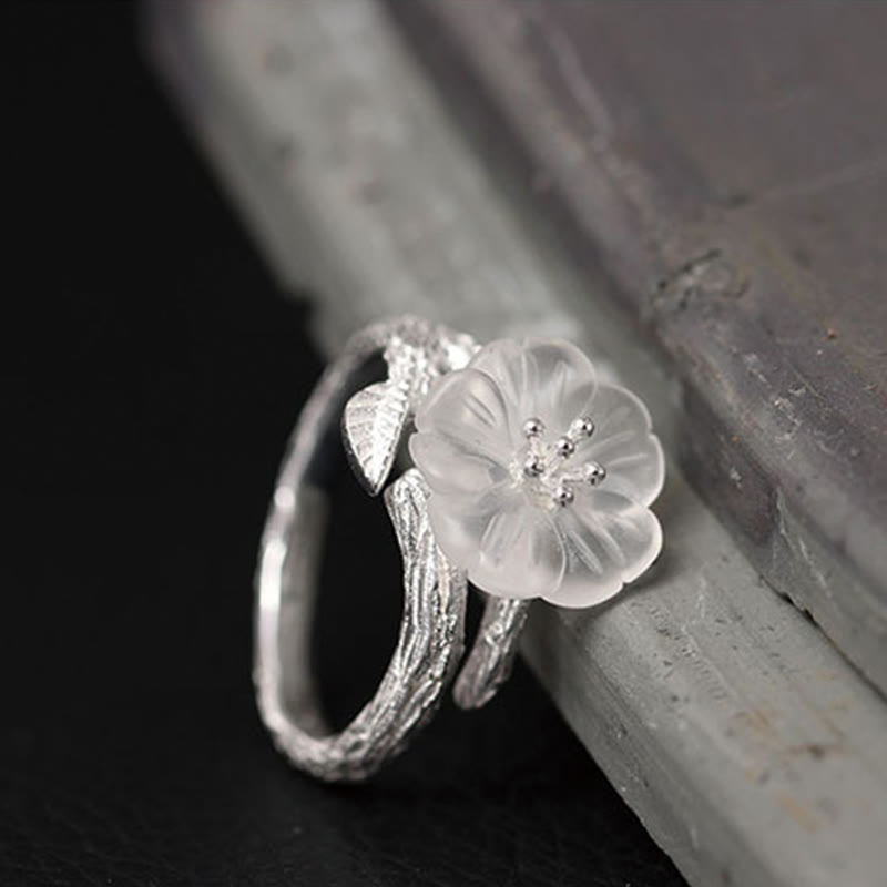 Fortune Jewel 925 Sterling Silver White Crystal Skeleton Flower Adjustable Healing Ring