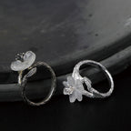 Fortune Jewel 925 Sterling Silver White Crystal Skeleton Flower Adjustable Healing Ring