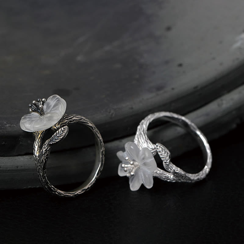 Fortune Jewel 925 Sterling Silver White Crystal Skeleton Flower Adjustable Healing Ring