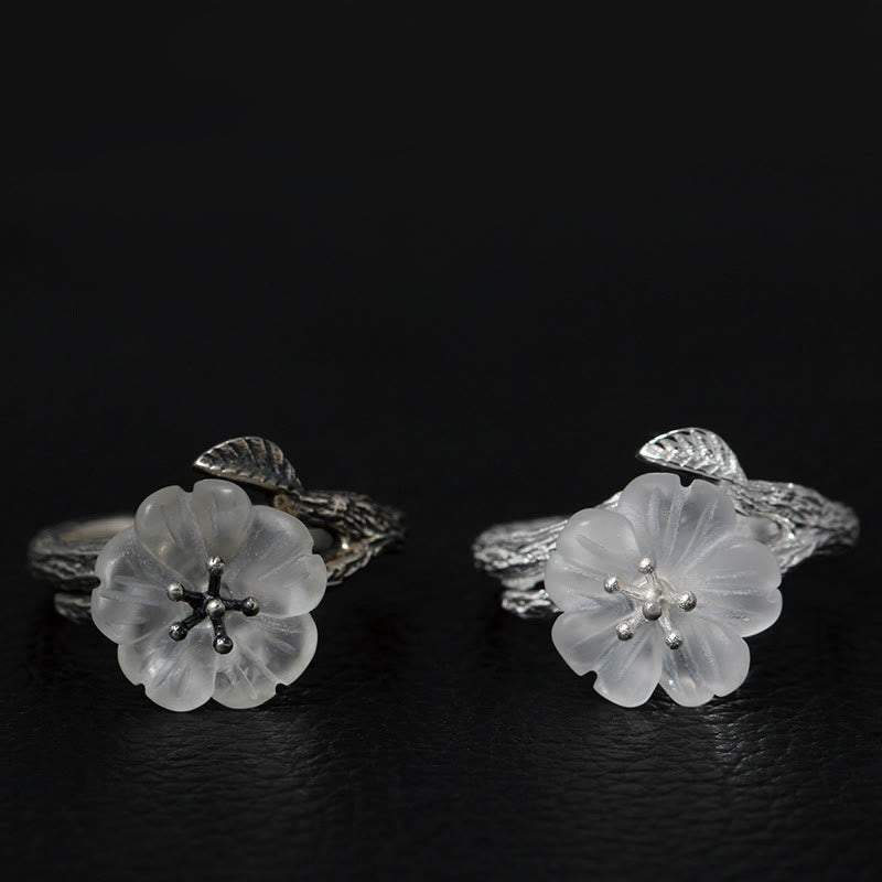 Fortune Jewel 925 Sterling Silver White Crystal Skeleton Flower Adjustable Healing Ring