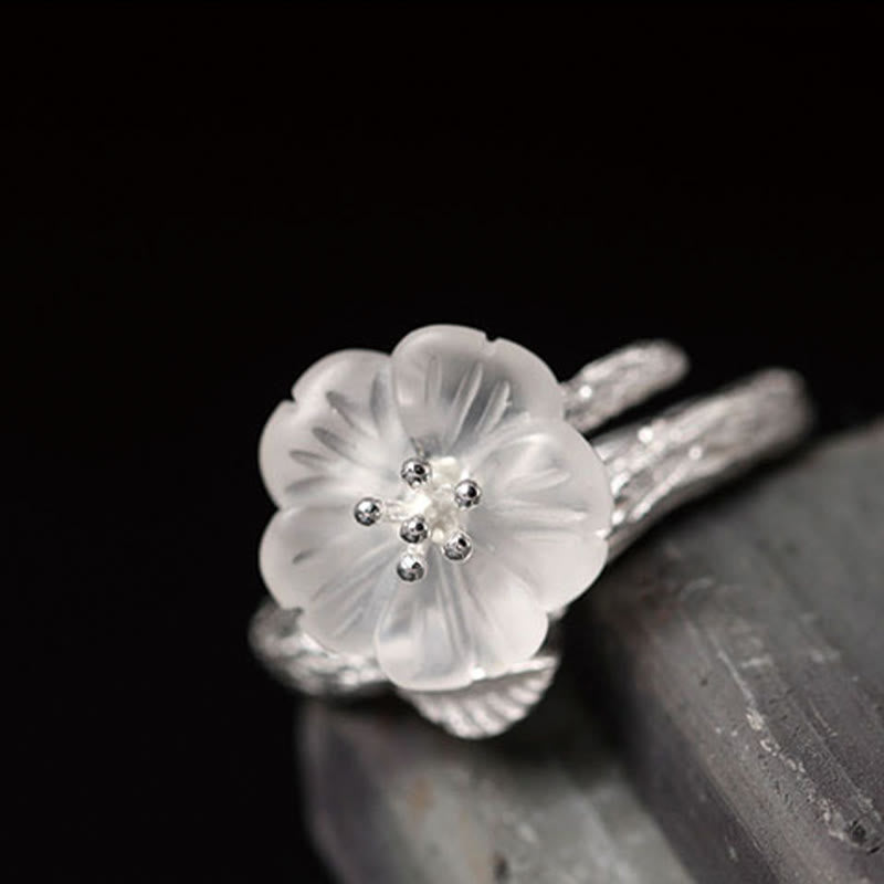Fortune Jewel 925 Sterling Silver White Crystal Skeleton Flower Adjustable Healing Ring