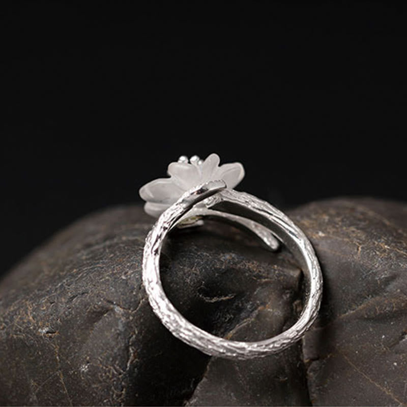 Fortune Jewel 925 Sterling Silver White Crystal Skeleton Flower Adjustable Healing Ring