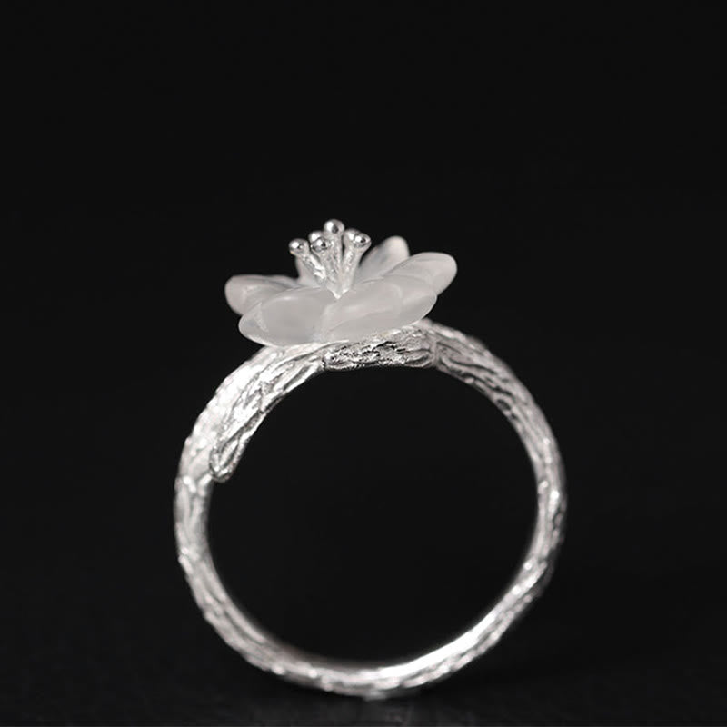 Fortune Jewel 925 Sterling Silver White Crystal Skeleton Flower Adjustable Healing Ring