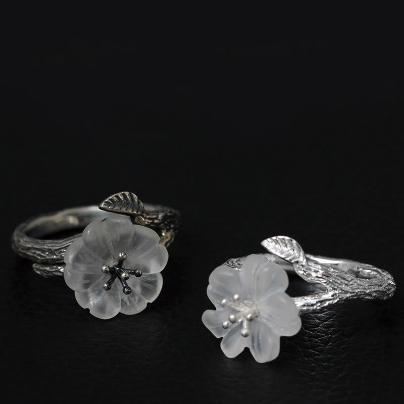 Fortune Jewel 925 Sterling Silver White Crystal Skeleton Flower Adjustable Healing Ring