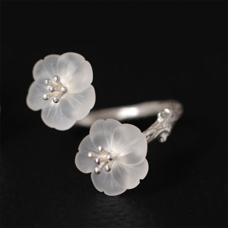 Fortune Jewel 925 Sterling Silver White Crystal Double Plum Blossom Flower Adjustable Protection Ring