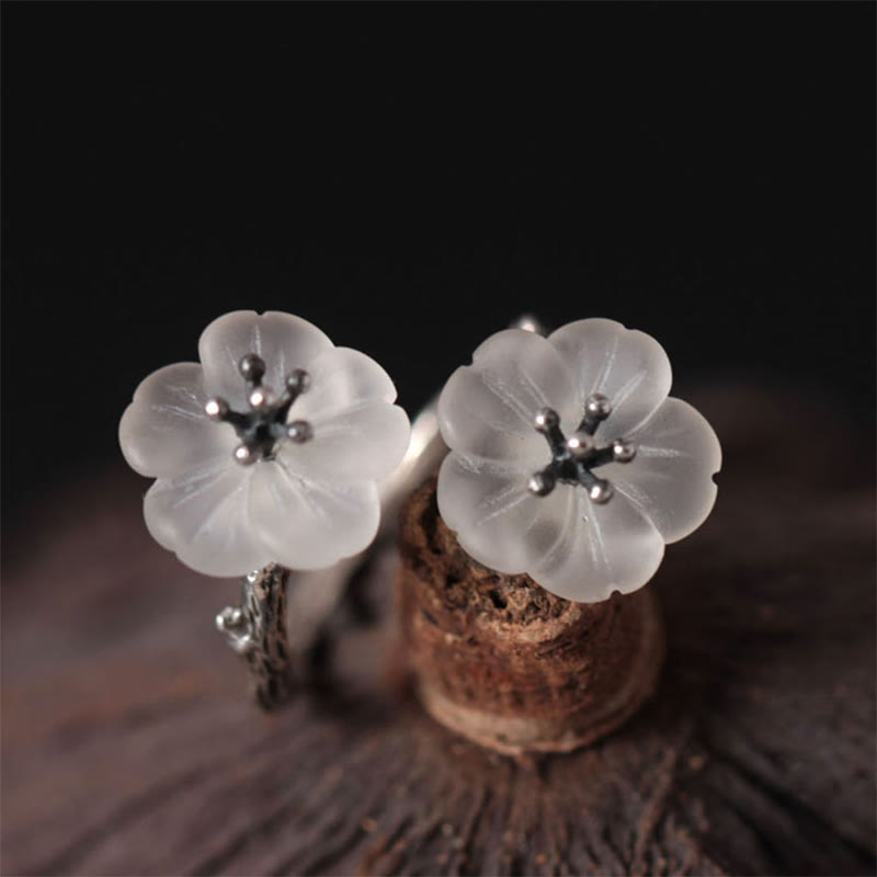 Fortune Jewel 925 Sterling Silver White Crystal Double Plum Blossom Flower Adjustable Protection Ring