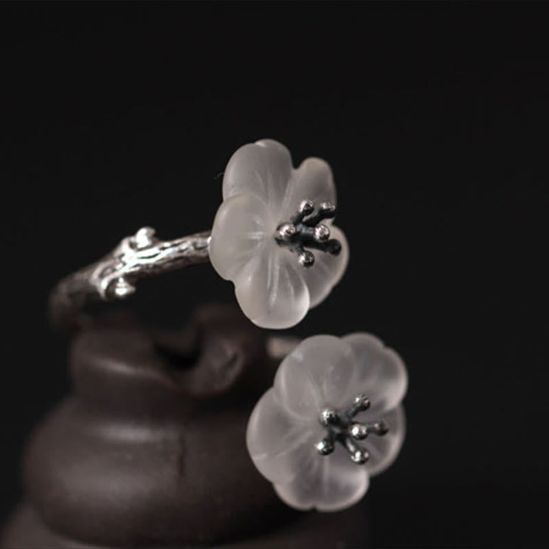 Fortune Jewel 925 Sterling Silver White Crystal Double Plum Blossom Flower Adjustable Protection Ring