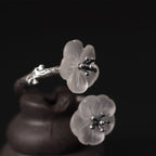 Fortune Jewel 925 Sterling Silver White Crystal Double Plum Blossom Flower Adjustable Protection Ring