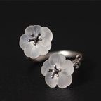 Fortune Jewel 925 Sterling Silver White Crystal Double Plum Blossom Flower Adjustable Protection Ring