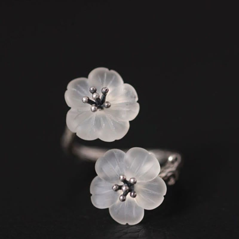 Fortune Jewel 925 Sterling Silver White Crystal Double Plum Blossom Flower Adjustable Protection Ring