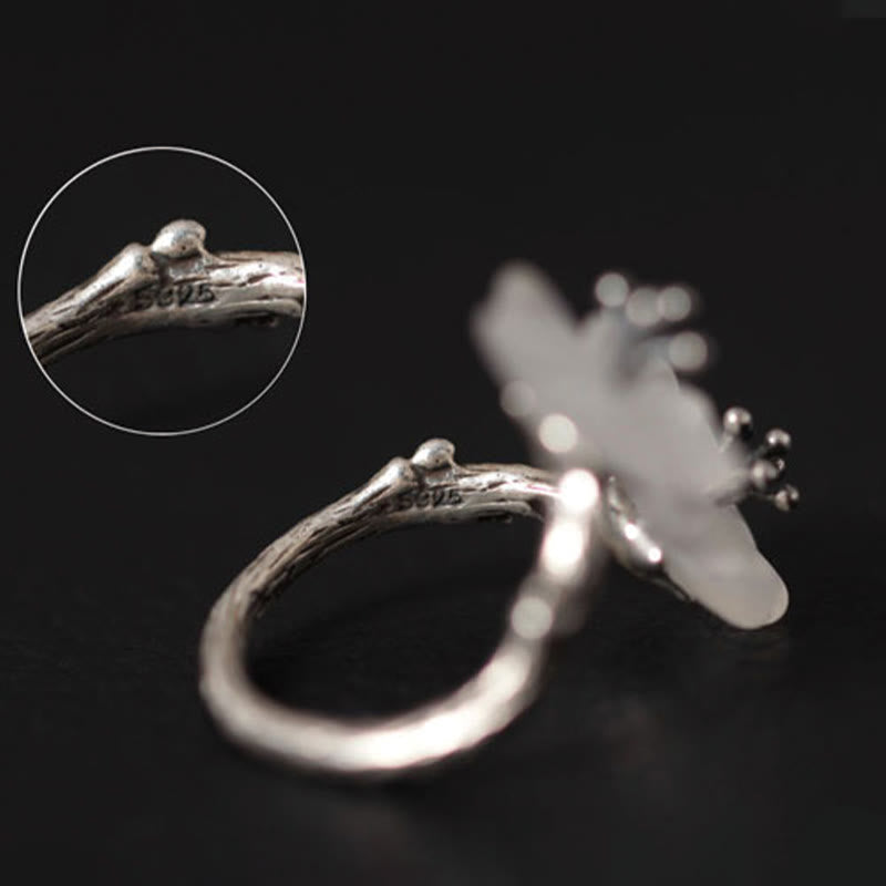 Fortune Jewel 925 Sterling Silver White Crystal Double Plum Blossom Flower Adjustable Protection Ring