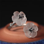 Fortune Jewel 925 Sterling Silver White Crystal Double Plum Blossom Flower Adjustable Protection Ring