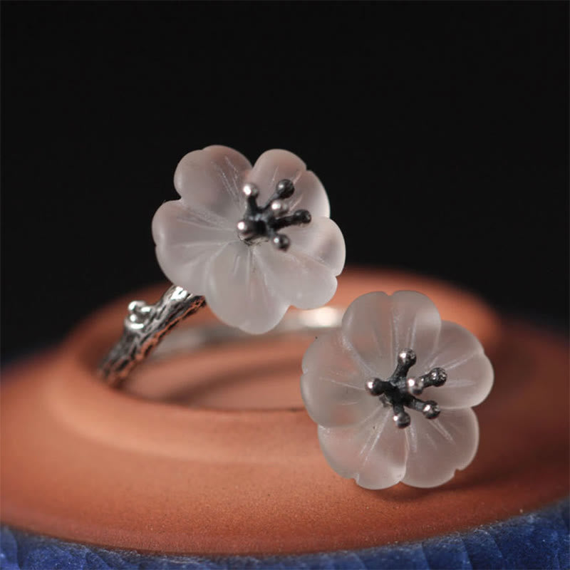 Fortune Jewel 925 Sterling Silver White Crystal Double Plum Blossom Flower Adjustable Protection Ring