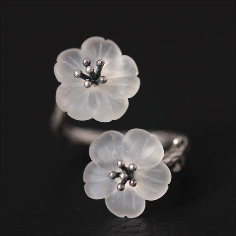 Fortune Jewel 925 Sterling Silver White Crystal Double Plum Blossom Flower Adjustable Protection Ring