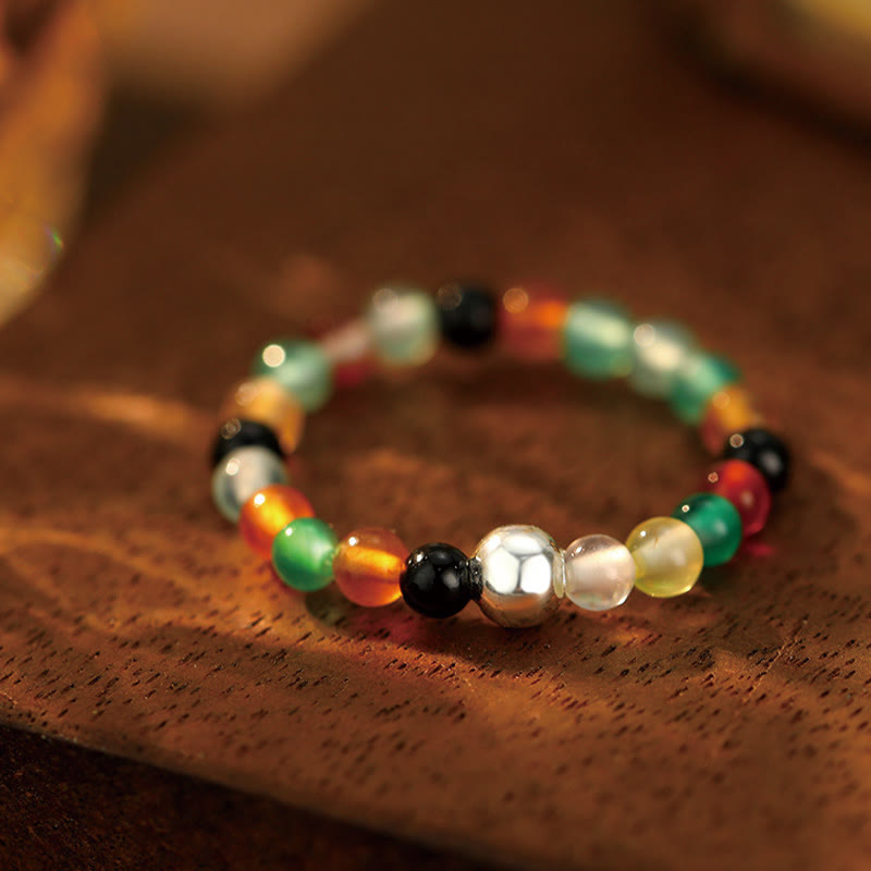 Fortune Jewel 925 Sterling Silver Crystal Beads White Jade Black Onyx Blessing Elastic Ring
