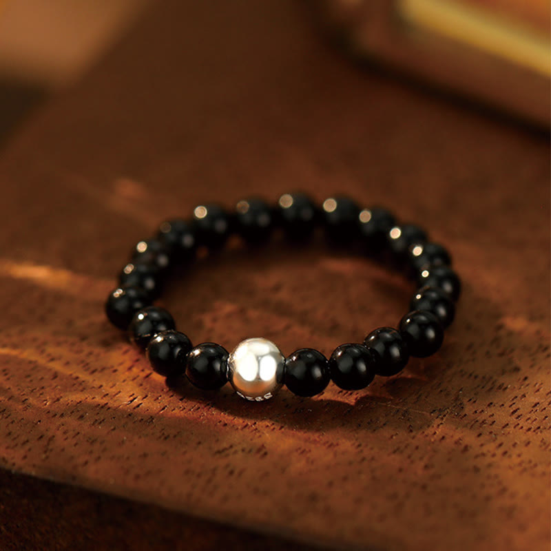 Fortune Jewel 925 Sterling Silver Crystal Beads White Jade Black Onyx Blessing Elastic Ring