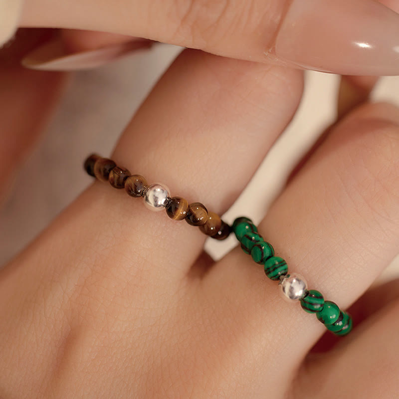 Fortune Jewel 925 Sterling Silver Crystal Beads White Jade Black Onyx Blessing Elastic Ring