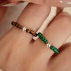 Fortune Jewel 925 Sterling Silver Crystal Beads White Jade Black Onyx Blessing Elastic Ring