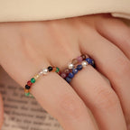 Fortune Jewel 925 Sterling Silver Crystal Beads White Jade Black Onyx Blessing Elastic Ring