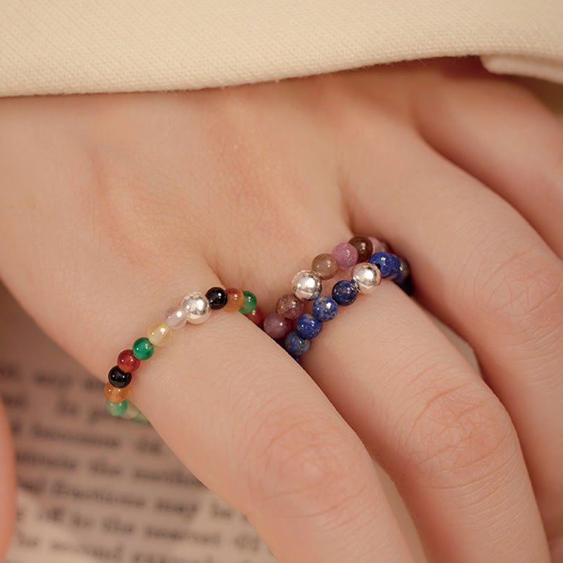 Fortune Jewel 925 Sterling Silver Crystal Beads White Jade Black Onyx Blessing Elastic Ring