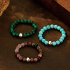 Fortune Jewel 925 Sterling Silver Crystal Beads White Jade Black Onyx Blessing Elastic Ring