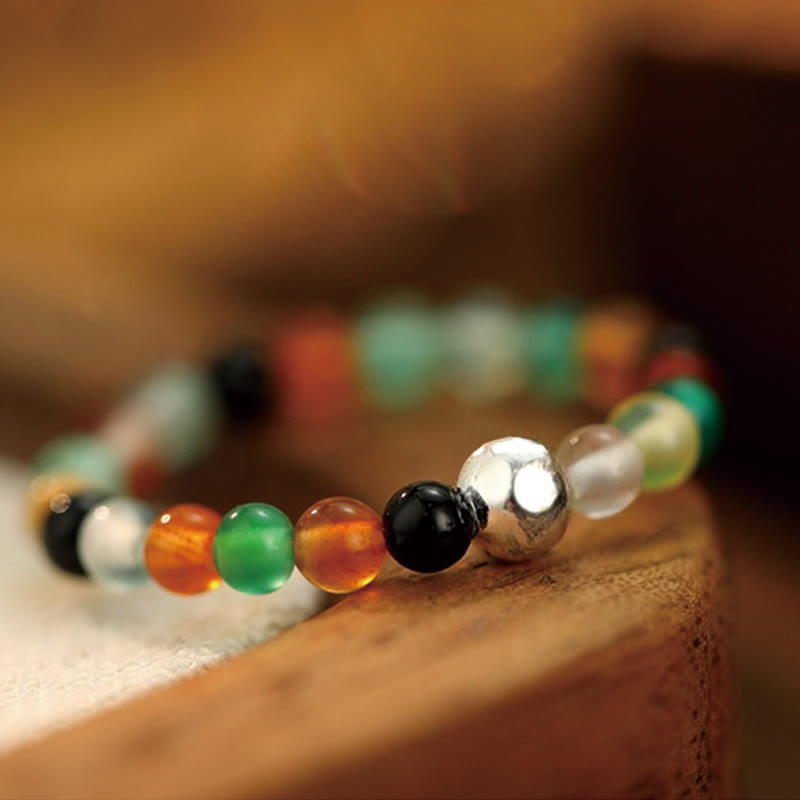 Fortune Jewel 925 Sterling Silver Crystal Beads White Jade Black Onyx Blessing Elastic Ring