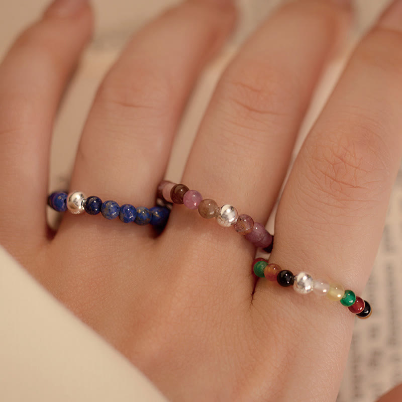 Fortune Jewel 925 Sterling Silver Crystal Beads White Jade Black Onyx Blessing Elastic Ring