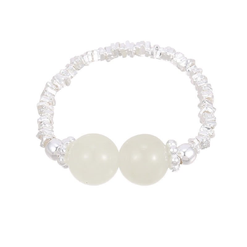 Fortune Jewel 925 Sterling Silver Natural Small Hetian Jade Bead Luck Elastic Ring