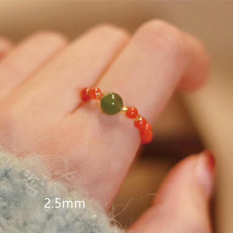 Fortune Jewel 925 Sterling Silver Natural Small Hetian Jade Red Agate Pearl Bead Prosperity Elastic Ring
