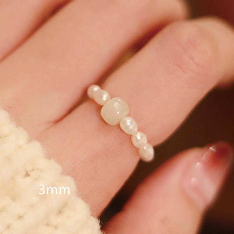 Fortune Jewel 925 Sterling Silver Natural Small Hetian Jade Red Agate Pearl Bead Prosperity Elastic Ring