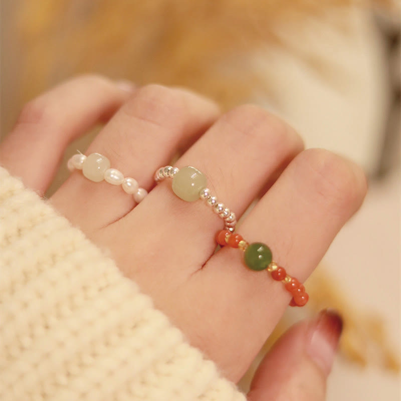 Fortune Jewel 925 Sterling Silver Natural Small Hetian Jade Red Agate Pearl Bead Prosperity Elastic Ring