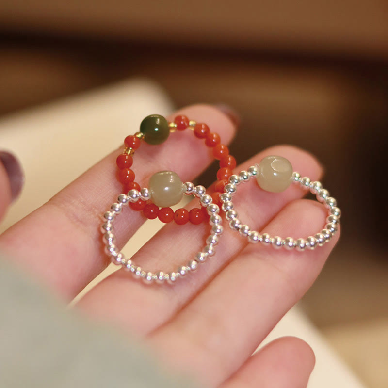 Fortune Jewel 925 Sterling Silver Natural Small Hetian Jade Red Agate Pearl Bead Prosperity Elastic Ring