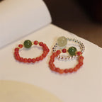 Fortune Jewel 925 Sterling Silver Natural Small Hetian Jade Red Agate Pearl Bead Prosperity Elastic Ring