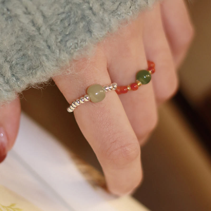 Fortune Jewel 925 Sterling Silver Natural Small Hetian Jade Red Agate Pearl Bead Prosperity Elastic Ring