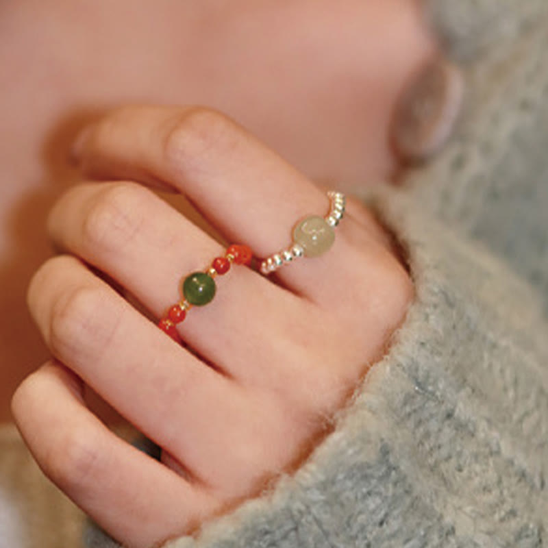 Fortune Jewel 925 Sterling Silver Natural Small Hetian Jade Red Agate Pearl Bead Prosperity Elastic Ring