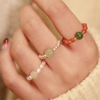 Fortune Jewel 925 Sterling Silver Natural Small Hetian Jade Red Agate Pearl Bead Prosperity Elastic Ring